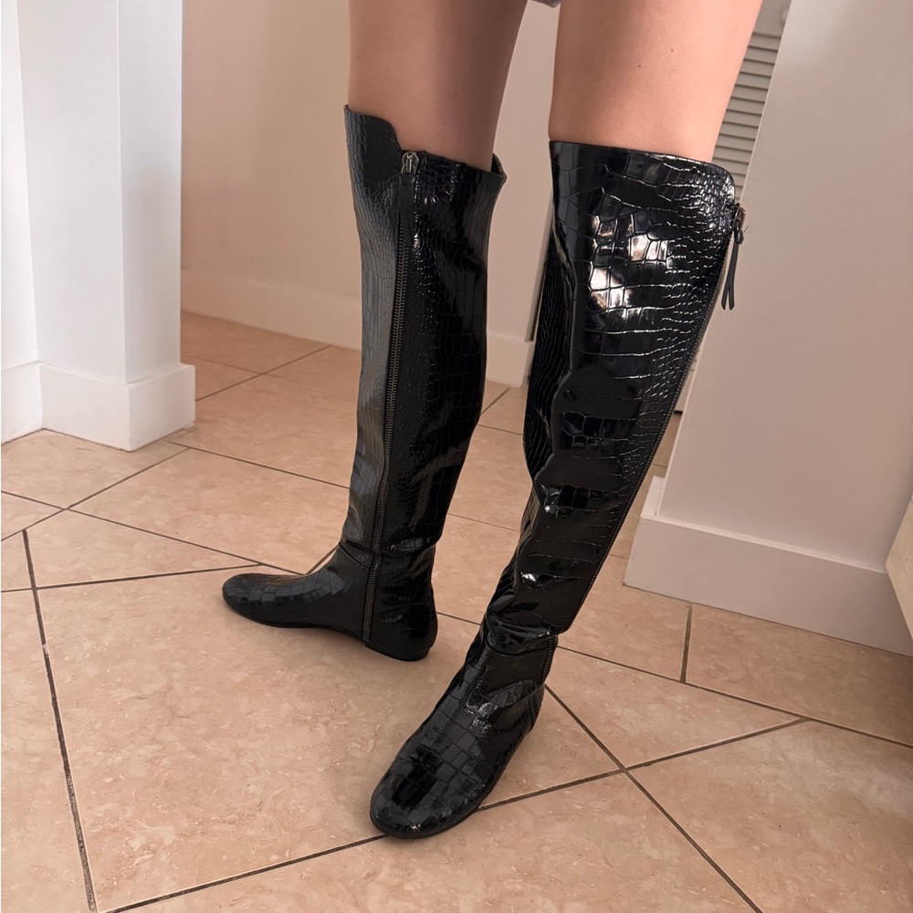 Giuseppe Zanotti Glossy Black Croc Over the Knee Boots